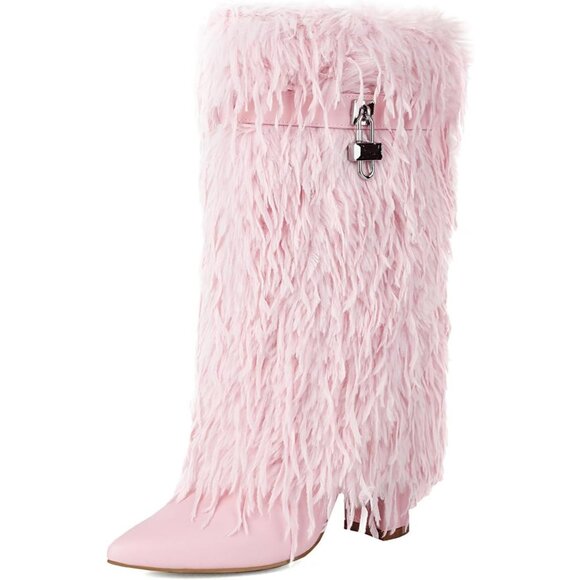 ⚡Women's Pink Fold Over Faux Fur Mid Calf Boots Chunky Heel Point Toe - Picture 1 of 7